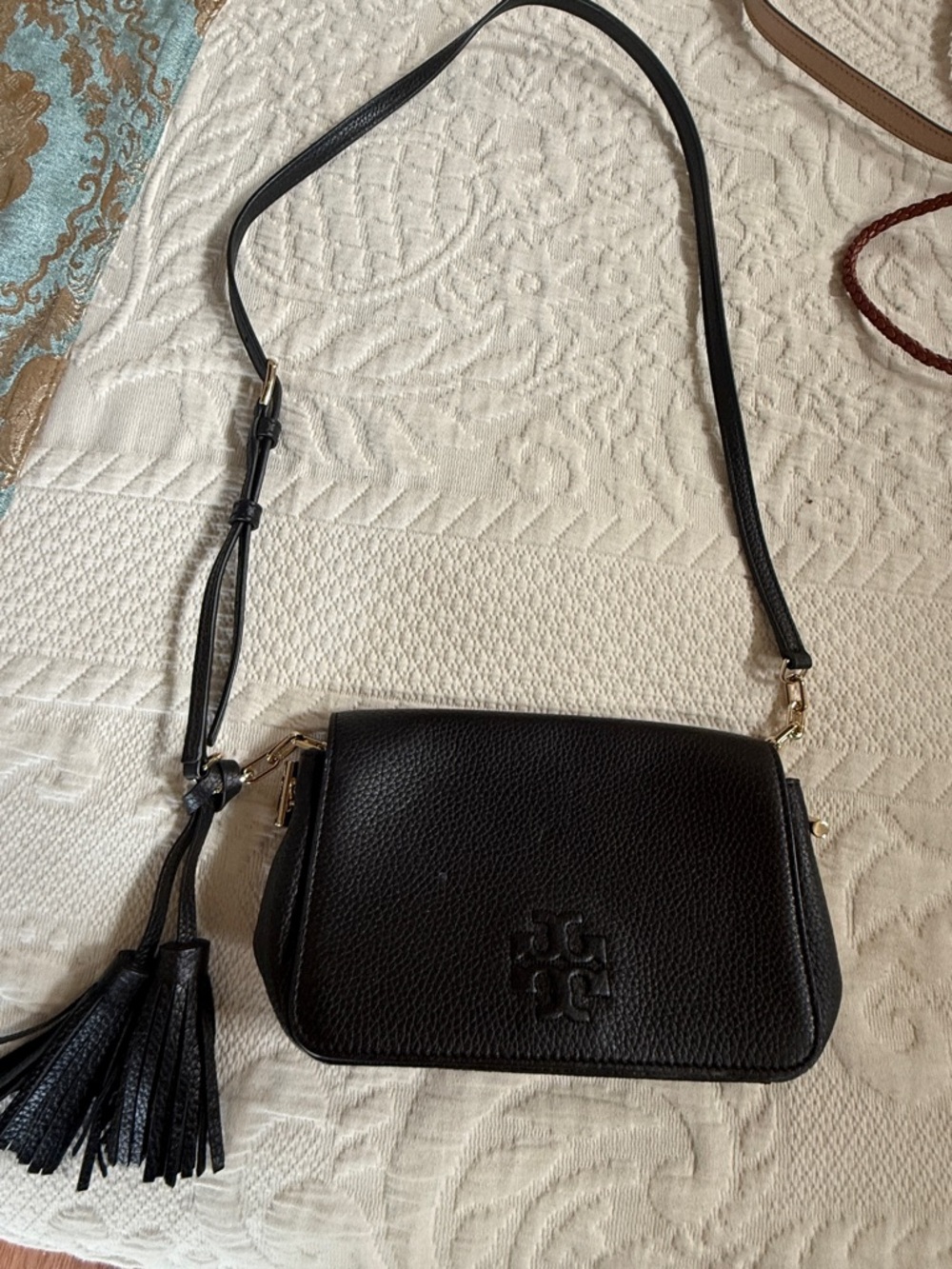Tory Burch Black Pebbled Leather Crossbody with Tassel Accent
